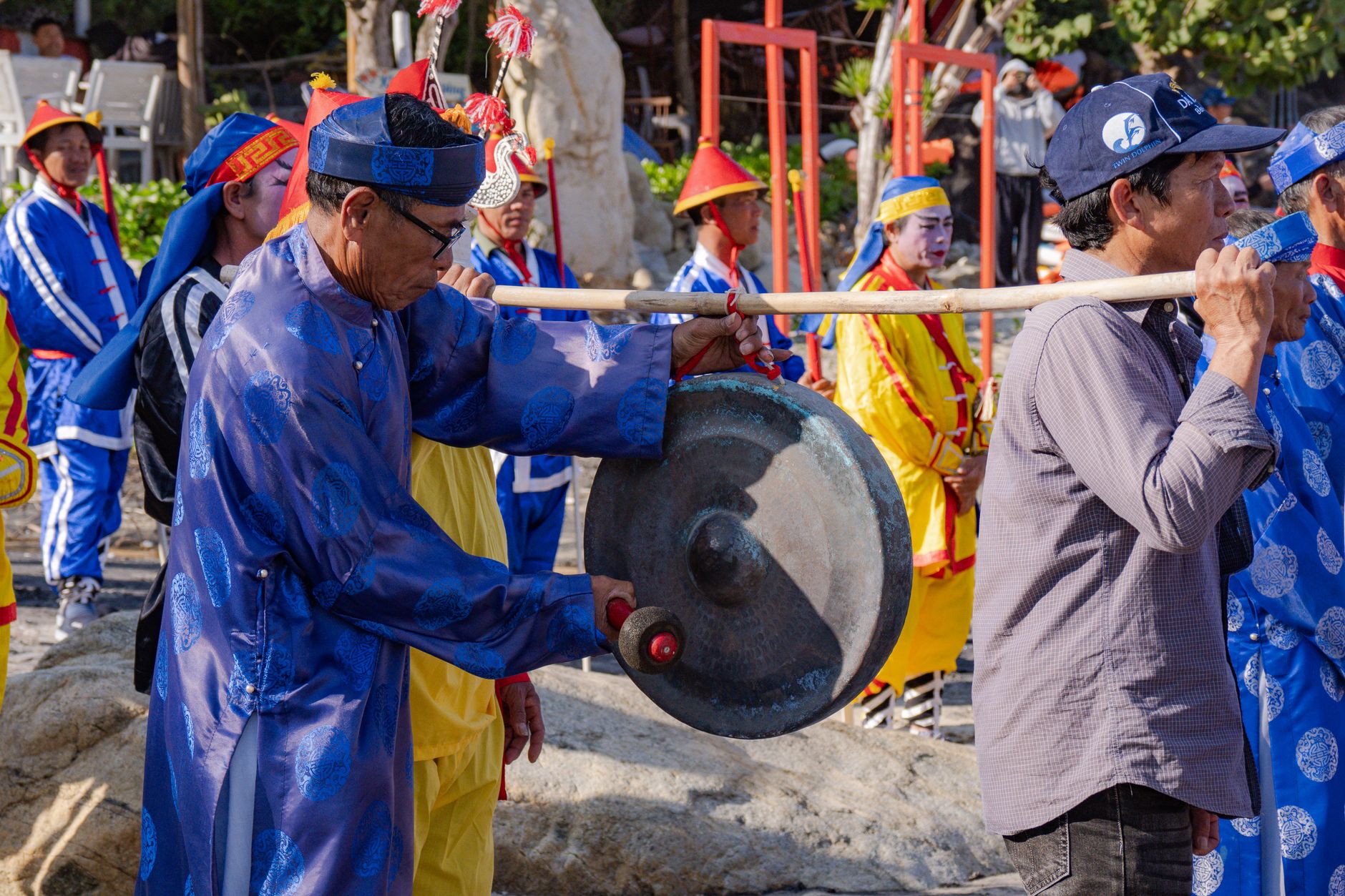 Vibrant traditional festival with musicians in Quy Nhơn, capturing cultural essence.