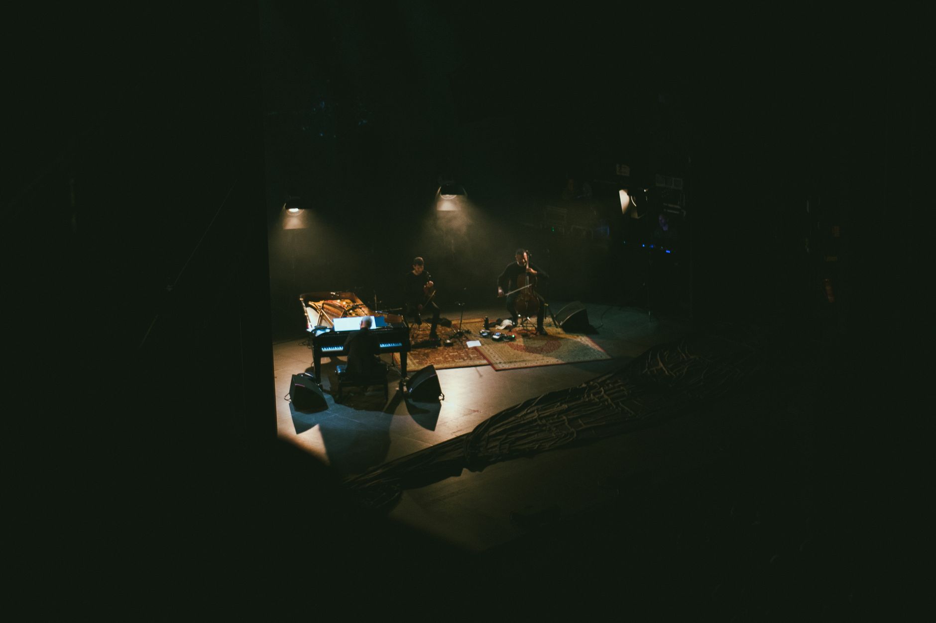 Musicians performing live at a dimly lit indoor concert with instruments