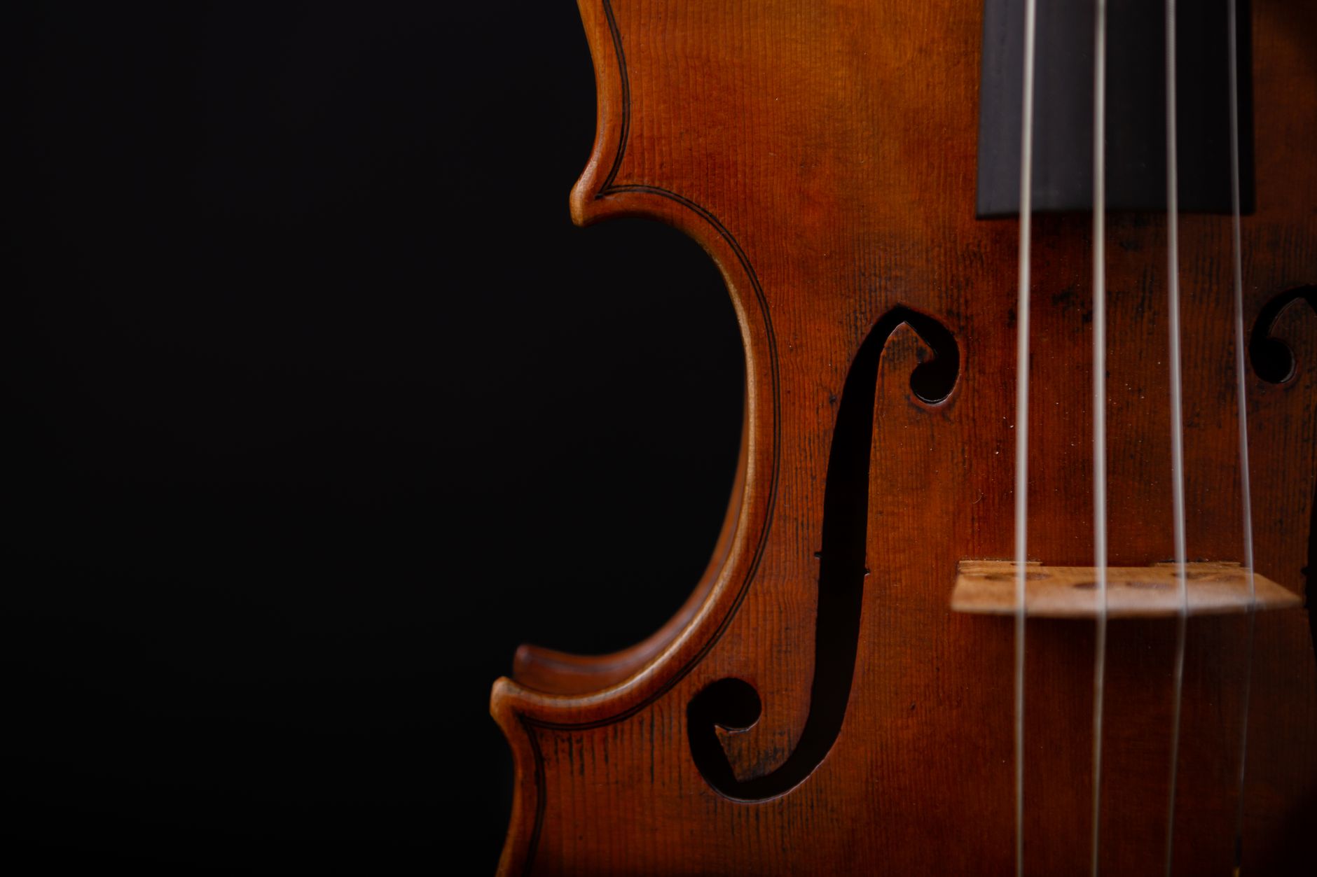 Detailed close-up of a violin's F-hole and strings showcasing its wooden texture.