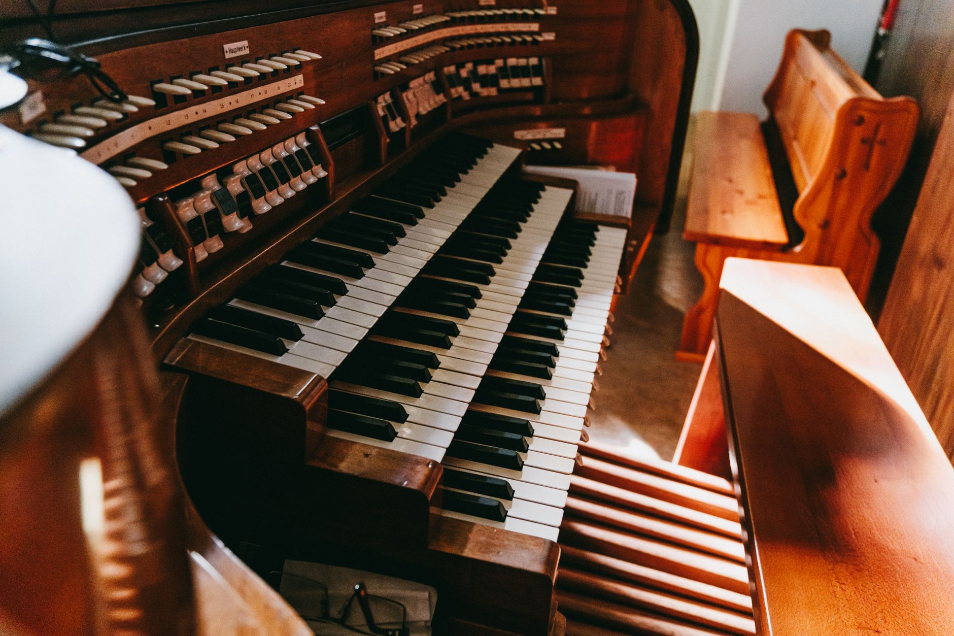 A close-up view of a church organ in Starogard Gdański, Poland, highlighting its intricate design.