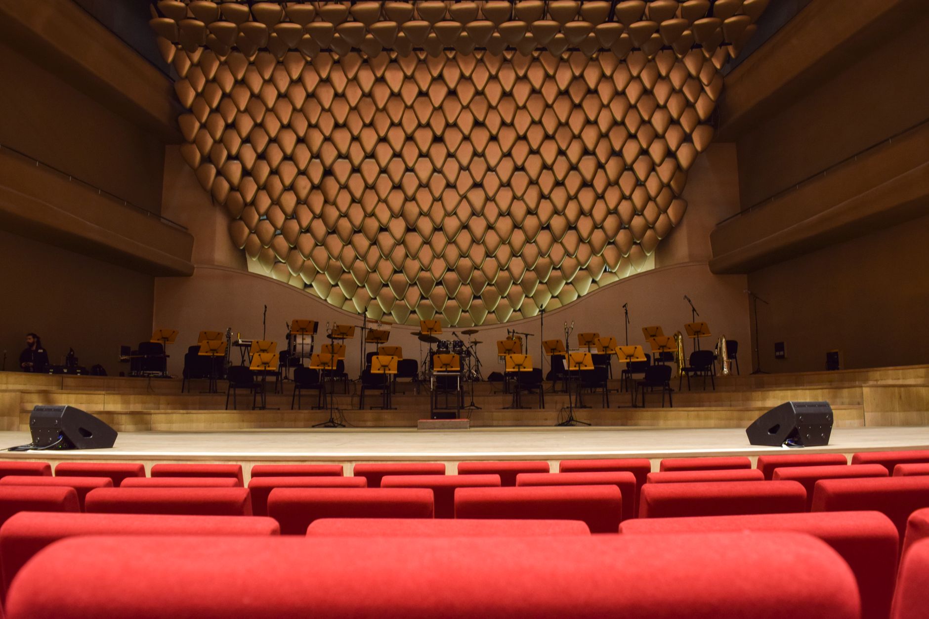 Elegant concert hall interior with empty seats and stage, ready for performance.