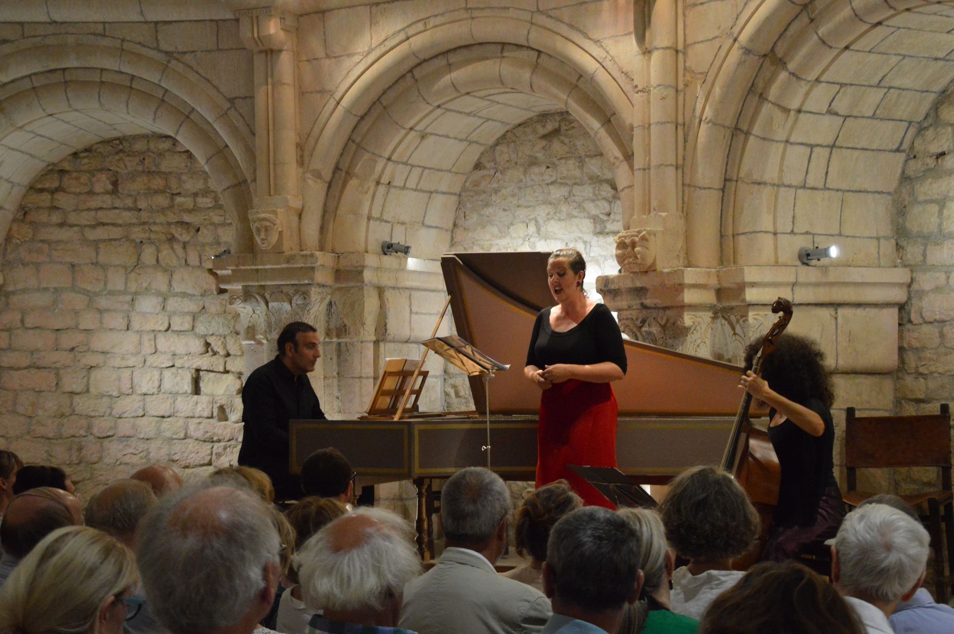 Intimate classical concert with performers and audience in a historic arch venue.